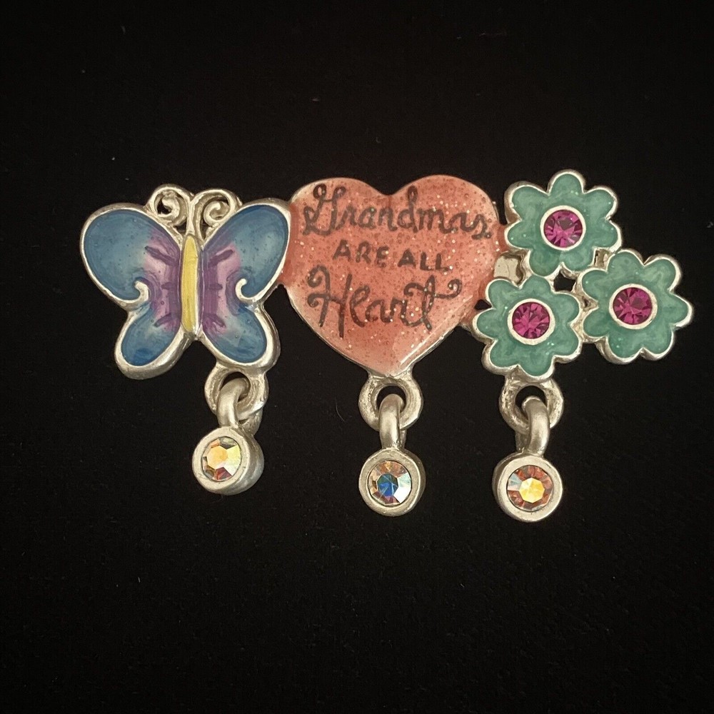 AJMC Vintage Brooch Pin Grandmas Are All Heart Butterfly Flowers w/ Rhinestones
